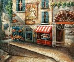 Cobblestone Street with Shops - Oil Painting Reproduction On Canvas