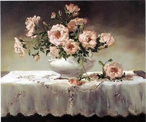 A bunch of pink flowers in a white porcelain vase - Oil Painting Reproduction On Canvas