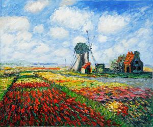 Tulip Field with the Rijnsburg Windmill - Claude Monet Oil Painting