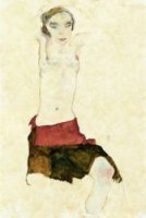 Semi-Nude with Colored skirt and Raised Arms - Egon Schiele Oil Painting