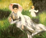 Woman with a Parasol and a Small Child on a Sunlit Hillside by Pierre Auguste Renoir