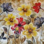 Seven bloom red blue yellow flowers - Gold background - Oil Painting Reproduction On Canvas