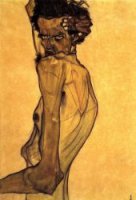 Self Portrait with Arm Twisting above Head - Egon Schiele Oil Painting