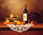 Several Books, a Bottle of Red Wine and Some Fruits on the Table - Oil Painting Reproduction On Canvas
