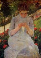Young Woman Sewing in a Garden - Oil Painting Reproduction On Canvas