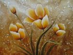 Four yellow tulips flowers with leaves - Gold background - Oil Painting Reproduction On Canvas