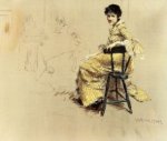 Seated Woman in Yello Striped Gown - Oil Painting Reproduction On Canvas