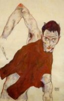 Self Portrait in Jerkin with Right Elbow Raised - Egon Schiele Oil Painting