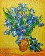 Vase with Irises against a yellow background