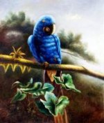 A Blue Parrot Standing on a Branch - Oil Painting Reproduction On Canvas