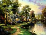 A Group of Cottages by the River in the Twilight - Oil Painting Reproduction On Canvas