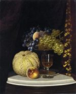 Still Life with Melon, Peach, Fruit-Filled Compote and Glass of Wine on a Marble Table Top - William Mason Brown Oil Painting