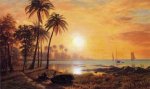 Tropical Landscape with Fishing Boats in Bay - Albert Bierstadt Oil Painting