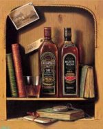 Books, two bottles of grape wine on the shelf - Oil Painting Reproduction On Canvas