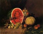 Still Life with Watermelon, Grapes, Peaches, Plums and Cantaloupe - William Mason Brown Oil Painting