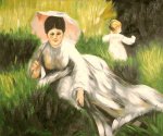 Woman with a Parasol and a Small Child on a Sunlit Hillside - Pierre Auguste Renoir Oil Painting