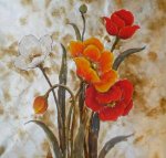 Five red white flowers with grass leaves - Gold background - Oil Painting Reproduction On Canvas
