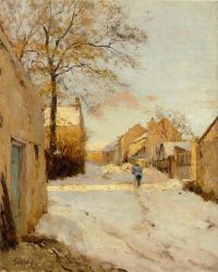 A Village Street in Winter, - Alfred Sisley Oil Painting