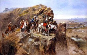 Indians on a Bluff Surveying General Miles' Troops - Charles Marion Russell Oil Painting