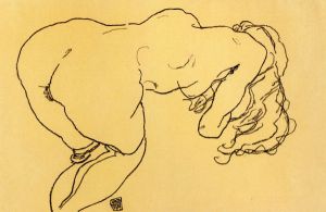 Langhaariger Akt, vornubergebeugt, Ruckenansicht -   Egon Schiele Oil Painting