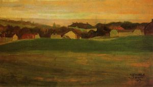 Meadow with Village in Background II -   Egon Schiele Oil Painting