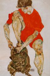 Female Model in Bright Red Jacket and Pants - Oil Painting Reproduction On Canvas