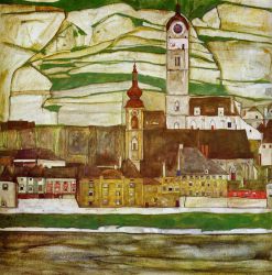 Stein on the Danube with Terraced Vineyards - Egon Schiele Oil Painting