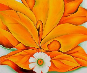 Yellow Hickory Leaves with Daisy -  Georgia O\'Keeffe Oil Painting