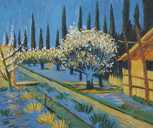 Orchard in Blossom, Bordered by Cypresses -   Vincent Van Gogh Oil Painting