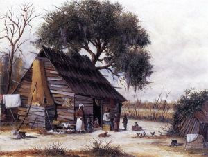 Louisiana Cabin Scene with Stretched Hide on Weatherboard and Stock Chimney Covered with Clay -   William Aiken Walker Oil Painting