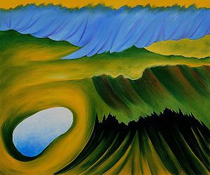 Mountains and Lake by Georgia O\'Keeffe. yellow.