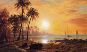 Tropical Landscape with Fishing Boats in Bay - Albert Bierstadt Oil Painting