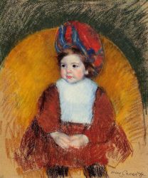 Margot in a Dark Red Costume Seated on a Round Backed Chair - Mary Cassatt Oil Painting