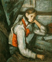 Boy in a Red Waistcoat Leaning on his Elbow - Paul Cezanne Oil Painting