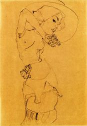 Standing Nude with Large Hat (Gertrude Schiele) -   Egon Schiele Oil Painting
