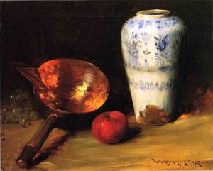 Still Liife with China Vase, Copper Pot, an Apple and a Bunch of Grapes -   William Merritt Chase Oil Painting