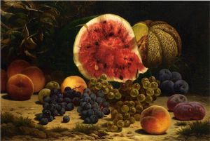 Still Life with Watermelon, Grapes, Peaches, Plums and Plums - William Mason Brown Oil Painting