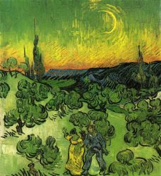 Landscape with Couple Walking and Crescent Moon -  Vincent Van Gogh Oil Painting