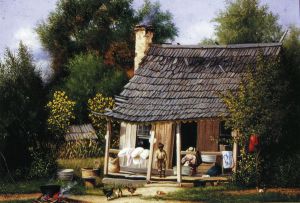 North Carolina Cabin with Scalloped Trim on Roof and Wild Cannas -  William Aiken Walker  Oil Painting