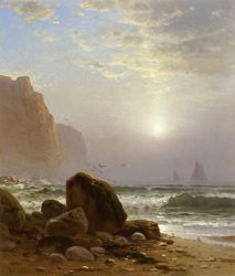 Rocky Coastal Scene with a View of Passing Ships - On Canvas Alfred Thompson Bricher Oil Painting