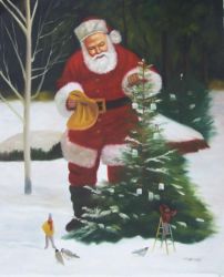 Santa Claus Decorates the Christmas Tree - Oil Painting Reproduction On Canvas