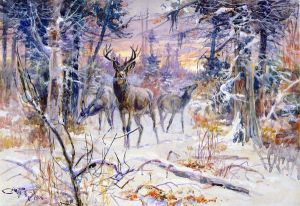 Deer in a Snowy Forest -   Charles Marion Russell Oil Painting