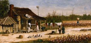 Cabin Scene with Birdhouse, Chickens and Cotton Picker Carrying Basket of Cotton -   William Aiken Walker  Oil Painting