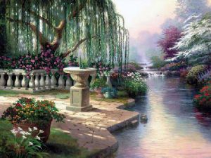 A Weeping Willow by the River of a Park - Oil Painting Reproduction On Canvas