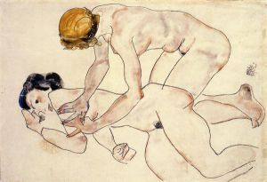 Two Female Nudes, One Reclining, One Kneeling -  Egon Schiele oil painting