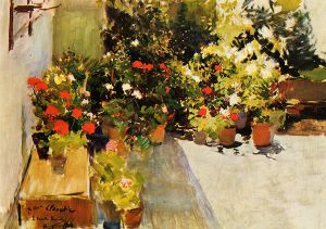 A Rooftop with Flowers - Joaquin Sorolla y Bastida Oil Painting