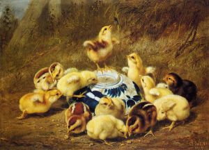 Chicks and Delft Bowl -  Arthur Fitzwilliam Tait Oil Painting