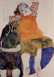 Two Seated Girls - Egon Schiele Oil Painting