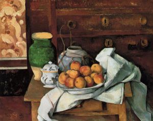 Vessels, Fruit and Cloth in front of a Chest -  Paul Cezanne Oil Painting