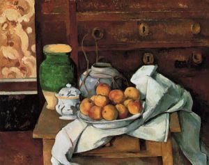 Vessels, Fruit and Cloth in front of a Chest - Paul Cezanne Oil Painting